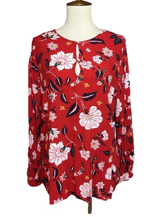 Old Navy Tops - Old Navy Red Floral Blouse Smocked Shoulder Long Sleeve NWT